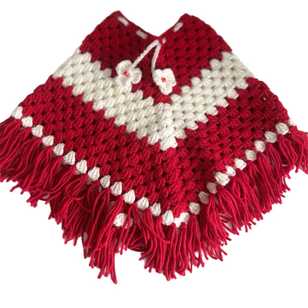 Red and White Kids Crochet Poncho
